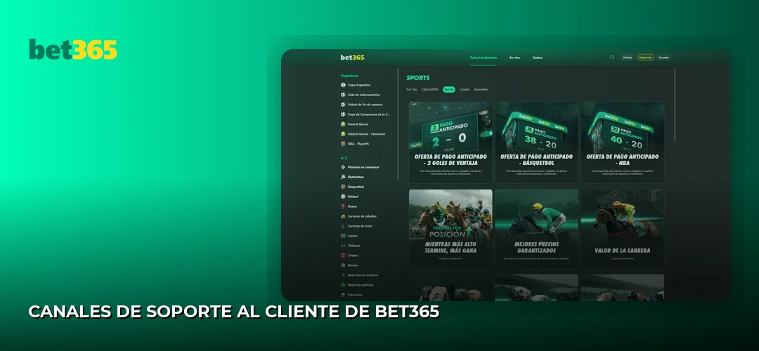 Canales de soporte al cliente de Bet365